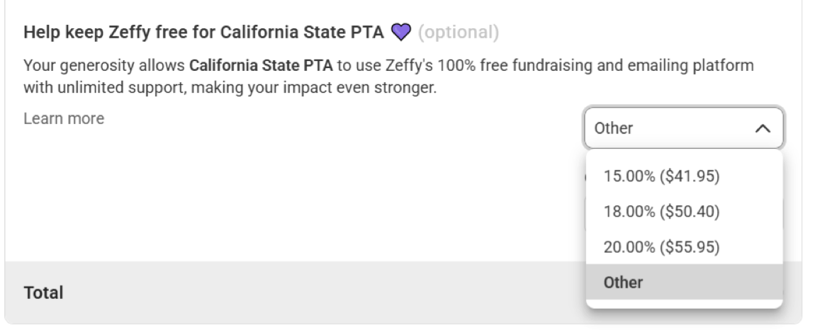 screenshot from Zeffy showing how to change the tip amount to zero.